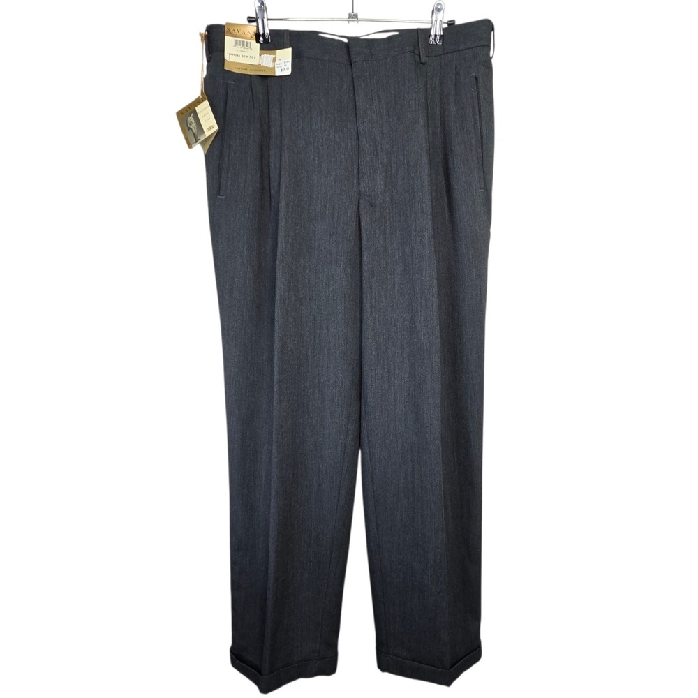 New Savane Mens Charcoal Poly Rayon Pleated Dress Slacks 36x30 No Wrinkle Cuffed
